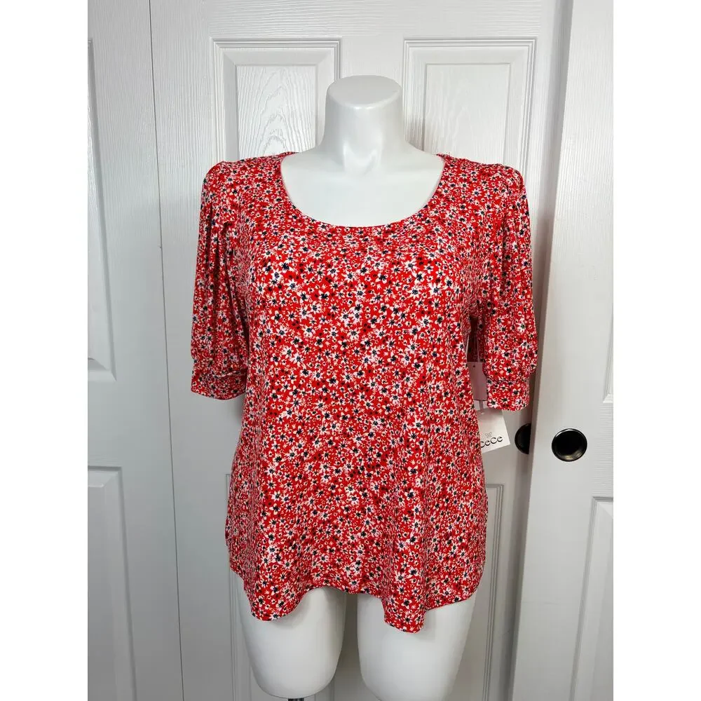 CeCe Women's Floral Blouse Size XL Scoop Neck 3/4 Sleeve Orange Knit Top NEW - Picture 4 of 10